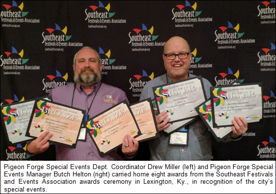 Pigeon Forge Special Events Dept. Coordinator Drew Miller (left) and Pigeon Forge Special Events Manager Butch Helton (right) carried home eight awards from the Southeast Festivals and Events Association awards ceremony in Lexington, Ky., in recognition of the city's special events.