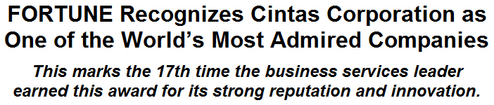 FORTUNE Recognizes Cintas Corporation as One of the Worlds Most Admired Companies