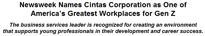 Newsweek Names Cintas Corporation as One of Americas Greatest Workplaces for Gen Z