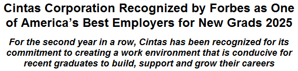 Cintas Corporation Recognized by Forbes as One of Americas Best Employers for New Grads 2025