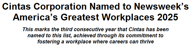 Cintas Corporation Named to Newsweeks Americas Greatest Workplaces 2025