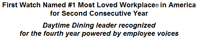 First Watch Named #1 Most Loved Workplace in America for Second Consecutive Year