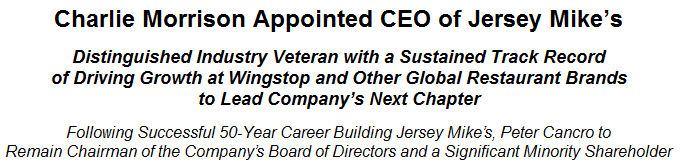Charlie Morrison Appointed CEO of Jersey Mikes