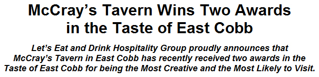 McCrays Tavern Wins Two Awards in the Taste of East Cobb