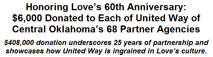 Honoring Love's 60th Anniversary: $6,000 Donated to Each of United Way of Central Oklahoma's 68 Partner Agencies