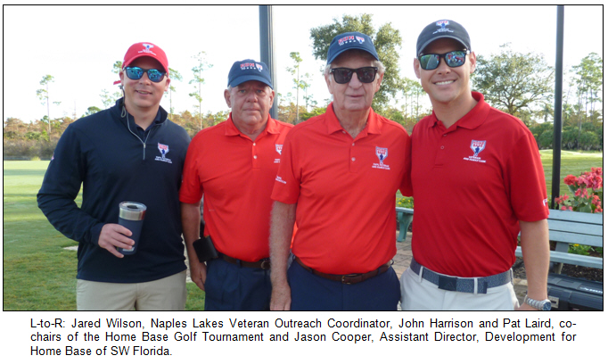 L-to-R: Jared Wilson, Naples Lakes Veteran Outreach Coordinator, John Harrison and Pat Laird, co-chairs of the Home Base Golf Tournament and Jason Cooper, Assistant Director, Development for Home Base of SW Florida.