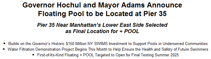 Governor Hochul and Mayor Adams Announce Floating Pool to be Located at Pier 35