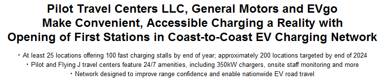Pilot Travel Centers LLC, General Motors and EVgo Make Convenient, Accessible Charging a Reality with Opening of First Stations in Coast-to-Coast EV Charging Network