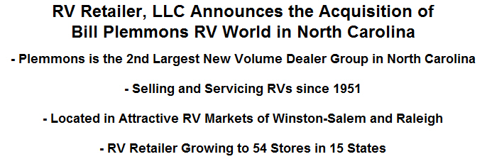 RV Retailer, LLC Announces the Acquisition of Bill Plemmons RV World in North Carolina
