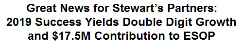 Great News for Stewart's Partners: 2019 Success Yields Double Digit Growth and $17.5M Contribution to ESOP