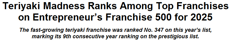 Teriyaki Madness Ranks Among Top Franchises on Entrepreneurs Franchise 500 for 2025