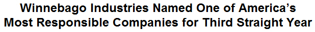 Winnebago Industries Named One of America's Most Responsible Companies for Third Straight Year